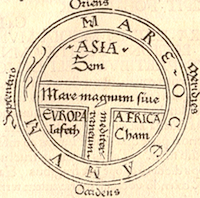 Earliest printed example of a classical T and O map (by Günther Zainer, Augsburg, 1472), illustrating the first page of chapter XIV of the Etymologiae of Isidore of Seville. It shows the continents as domains of the sons of Noah: Sem (Shem), Lafeth (Japheth) and Cham (Ham).